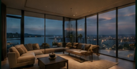 The living room of a San Diego residence at dusk, floor-to-ceiling windows over the bay.