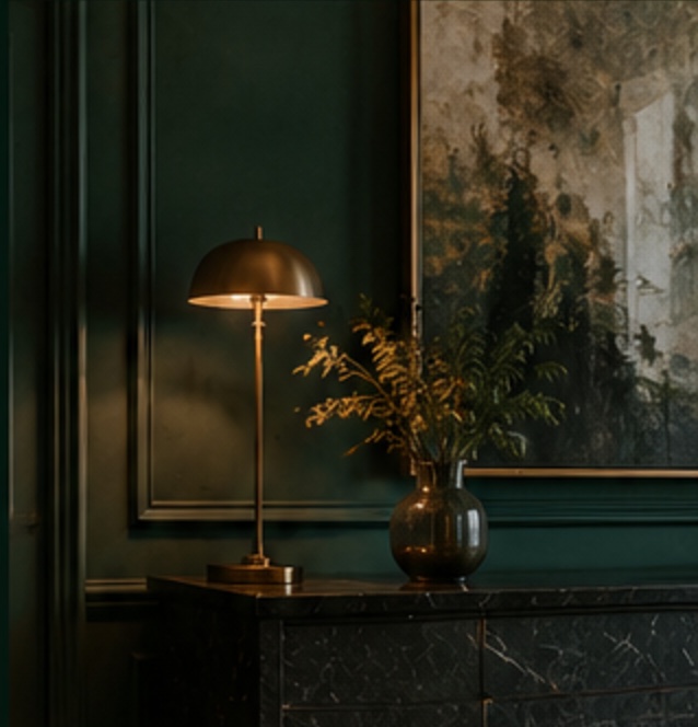 A lamp-lit interior detail in a residence under management.