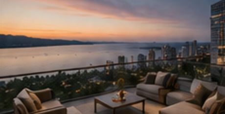 A furnished terrace overlooking the bay at sunset.